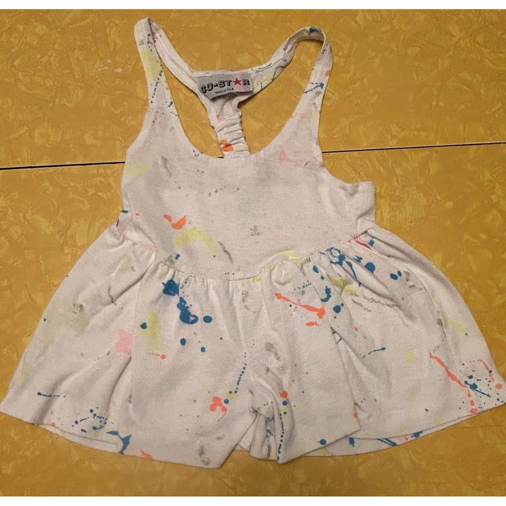 VTG 90s Kids Paint Splatter White Summer Romper Size 4T Cute Colorful Kitsch Art